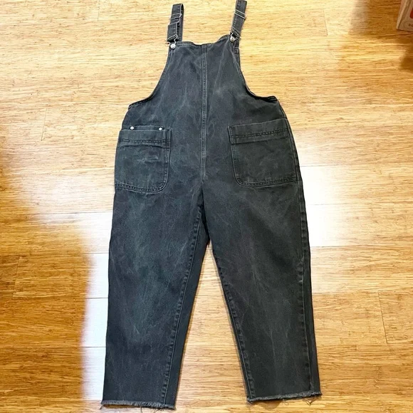 Zara Charcoal Black Denim Overalls w/ adjustable straps and pockets. Size Large - Picture 1 of 14